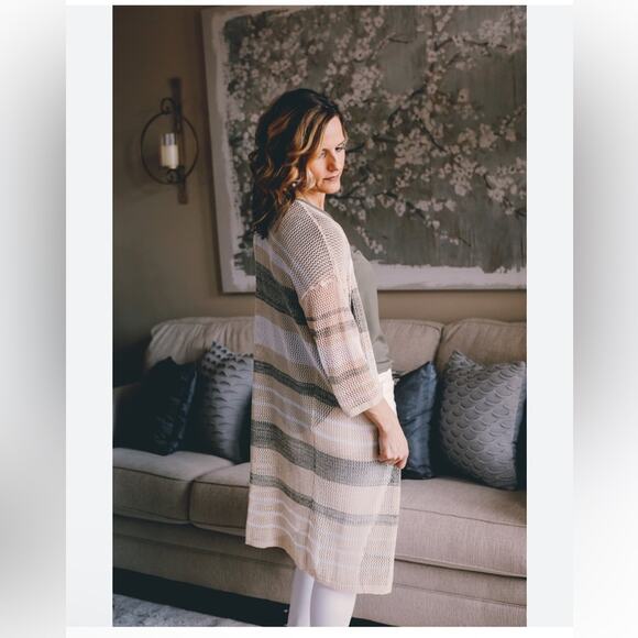 Loveriche Open Stitch Striped Long Tan Open Weave Longline Cardigan Duster Sz S - Picture 1 of 8
